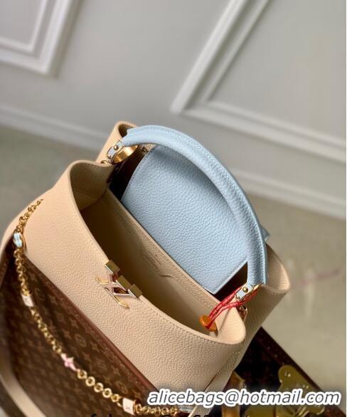 Luxurious Cheap Louis Vuitton Capucines MM Bag in Taurillon Leather with Lovelock Chain M23950 Beige/Blue 2024