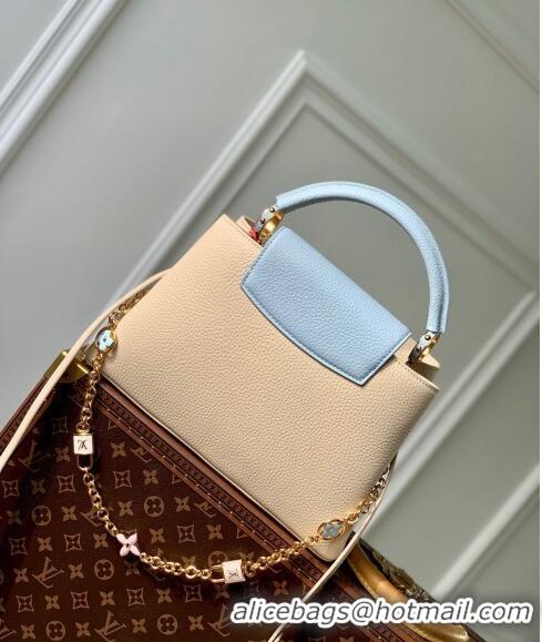 Luxurious Cheap Louis Vuitton Capucines MM Bag in Taurillon Leather with Lovelock Chain M23950 Beige/Blue 2024