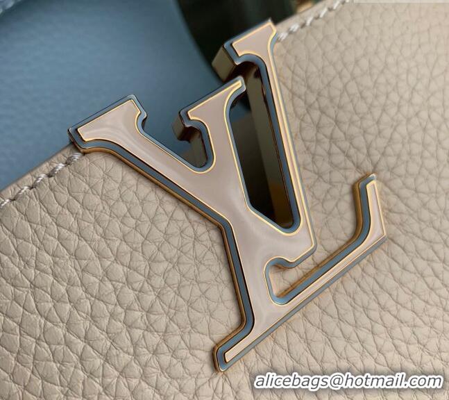 Luxurious Cheap Louis Vuitton Capucines MM Bag in Taurillon Leather with Lovelock Chain M23950 Beige/Blue 2024