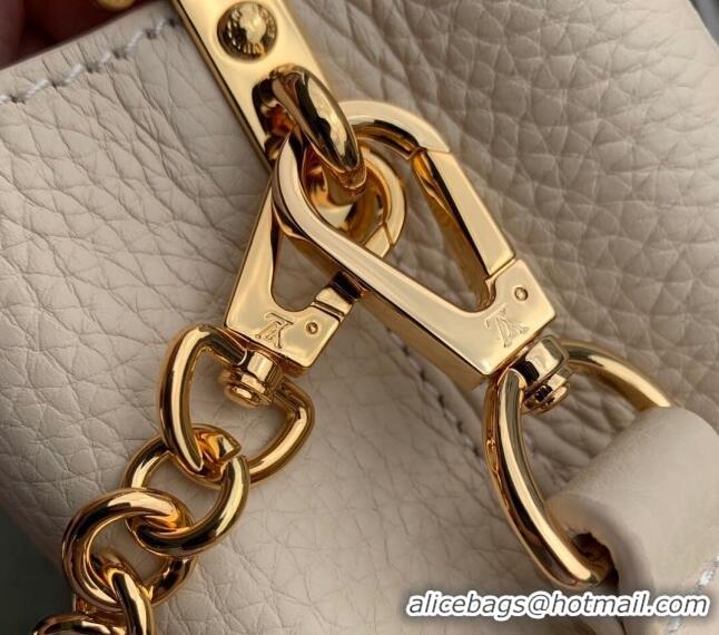 Luxurious Cheap Louis Vuitton Capucines MM Bag in Taurillon Leather with Lovelock Chain M23950 Beige/Blue 2024