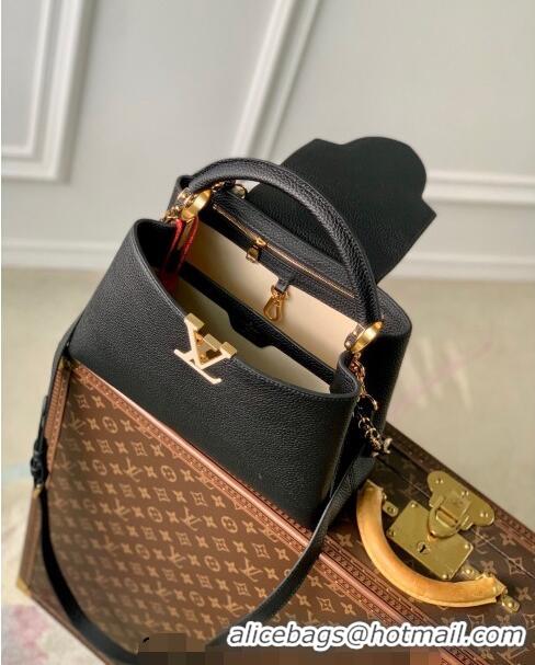 Top Grade Louis Vuitton Capucines MM Bag in Black Taurillon Leather with Lovelock Chain M23950 2024