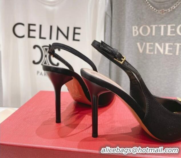 Trendy Design Valentino The Bold Edition VLogo Satin Slingback Pumps 9cm with Strass Black 429168