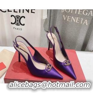 Classic Hot Valentino The Bold Edition VLogo Satin Slingback Pumps 9cm with Strass Purple 429169