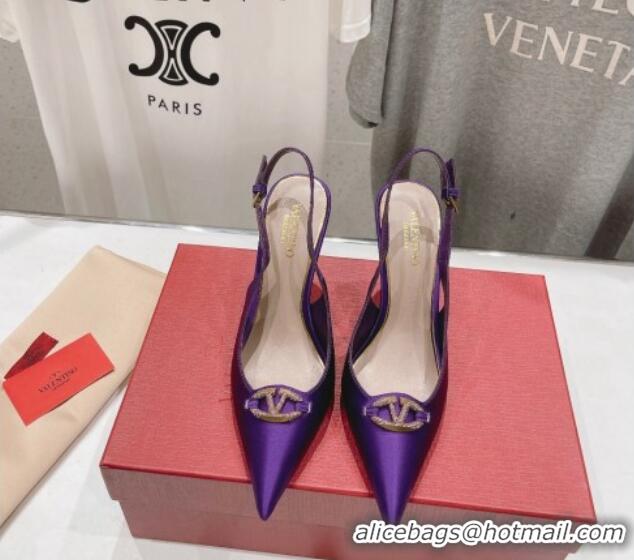 Classic Hot Valentino The Bold Edition VLogo Satin Slingback Pumps 9cm with Strass Purple 429169