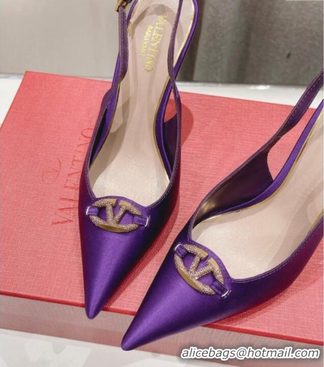 Classic Hot Valentino The Bold Edition VLogo Satin Slingback Pumps 9cm with Strass Purple 429169