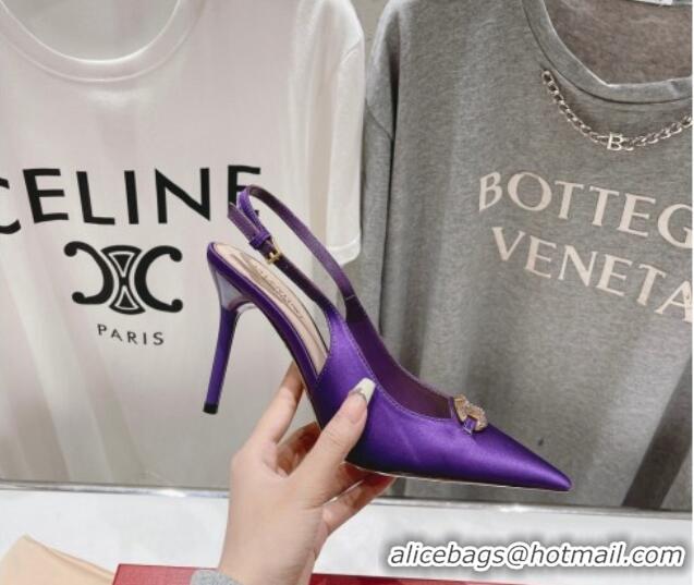 Classic Hot Valentino The Bold Edition VLogo Satin Slingback Pumps 9cm with Strass Purple 429169