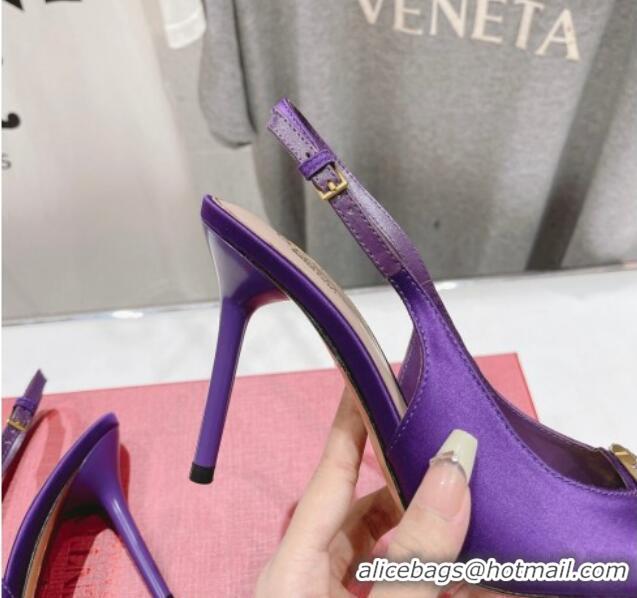 Classic Hot Valentino The Bold Edition VLogo Satin Slingback Pumps 9cm with Strass Purple 429169