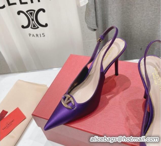 Classic Hot Valentino The Bold Edition VLogo Satin Slingback Pumps 9cm with Strass Purple 429169