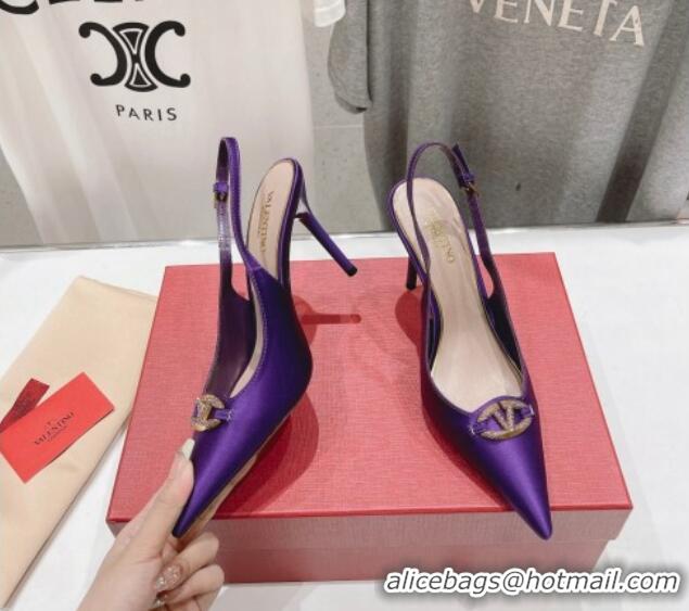 Classic Hot Valentino The Bold Edition VLogo Satin Slingback Pumps 9cm with Strass Purple 429169