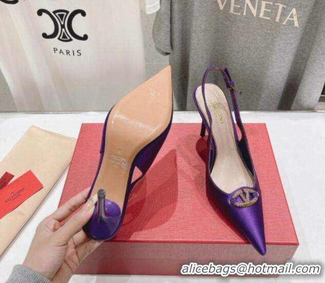 Classic Hot Valentino The Bold Edition VLogo Satin Slingback Pumps 9cm with Strass Purple 429169