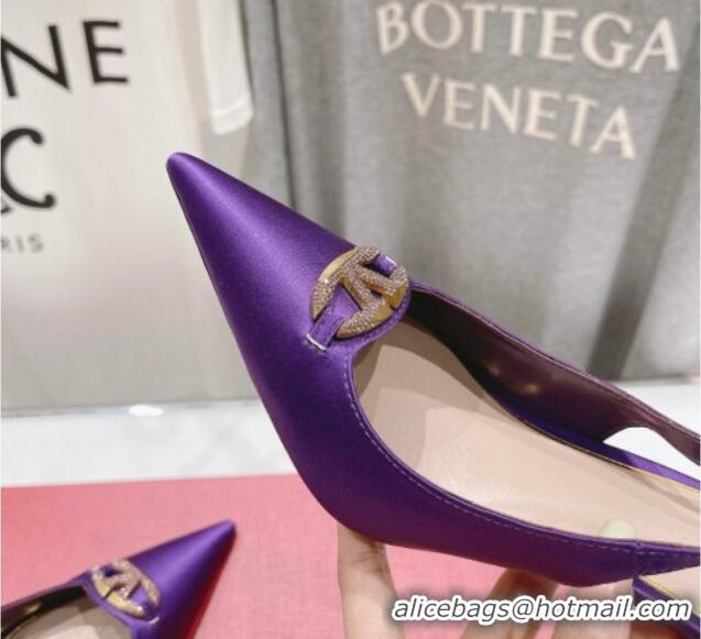 Classic Hot Valentino The Bold Edition VLogo Satin Slingback Pumps 9cm with Strass Purple 429169