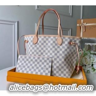 Inexpensive Louis Vuitton Classic Neverfull MM Tote Bag N41605 Damier Azur Canvas/Light Pink 2024