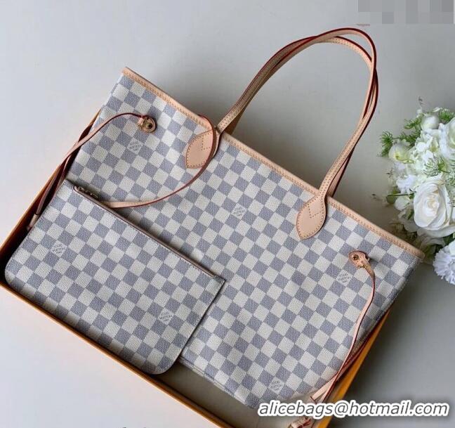 Inexpensive Louis Vuitton Classic Neverfull MM Tote Bag N41605 Damier Azur Canvas/Light Pink 2024