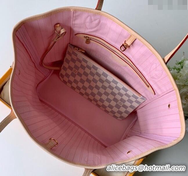 Inexpensive Louis Vuitton Classic Neverfull MM Tote Bag N41605 Damier Azur Canvas/Light Pink 2024