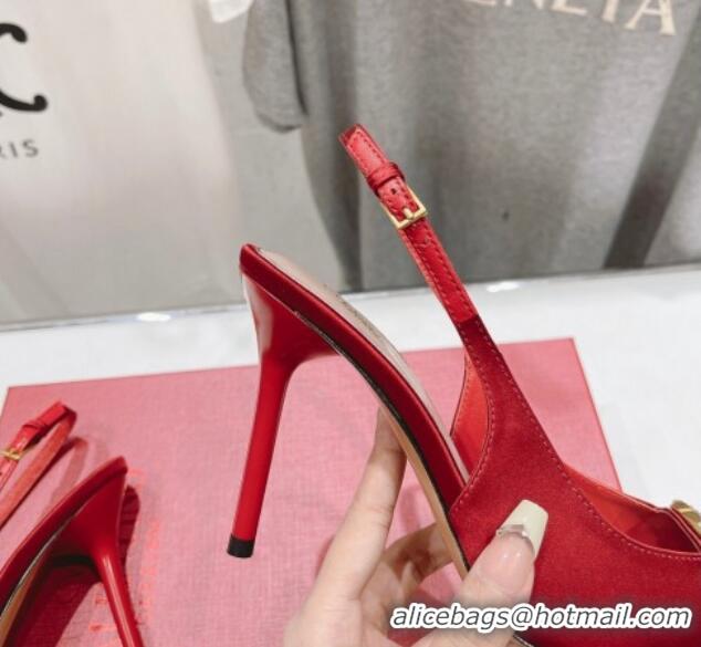 Perfect Valentino The Bold Edition VLogo Satin Slingback Pumps 9cm with Strass Red 429170