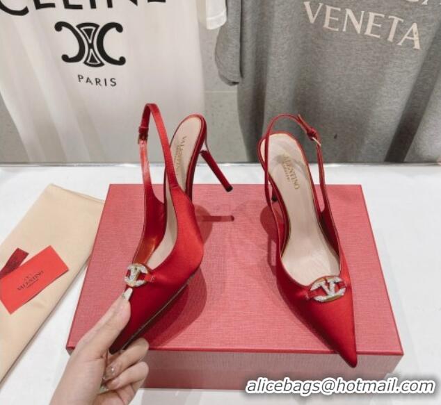 Perfect Valentino The Bold Edition VLogo Satin Slingback Pumps 9cm with Strass Red 429170