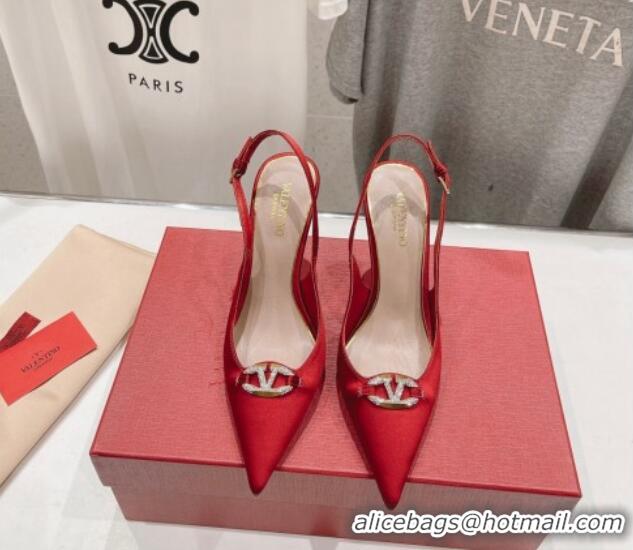 Perfect Valentino The Bold Edition VLogo Satin Slingback Pumps 9cm with Strass Red 429170