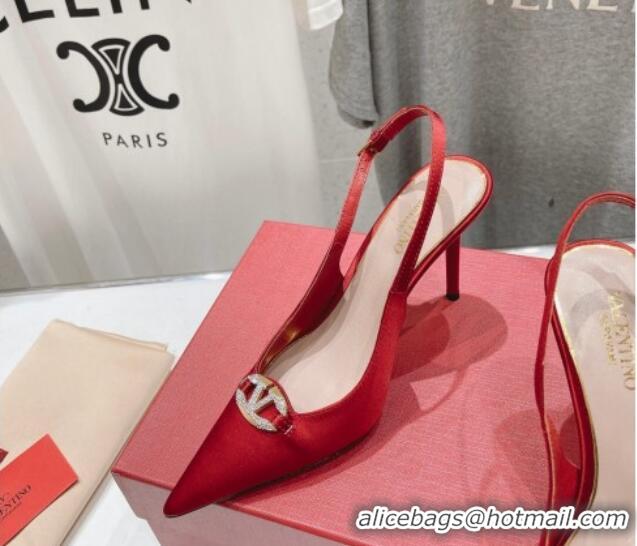 Perfect Valentino The Bold Edition VLogo Satin Slingback Pumps 9cm with Strass Red 429170