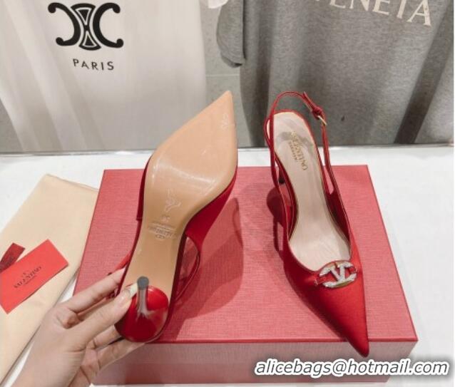 Perfect Valentino The Bold Edition VLogo Satin Slingback Pumps 9cm with Strass Red 429170