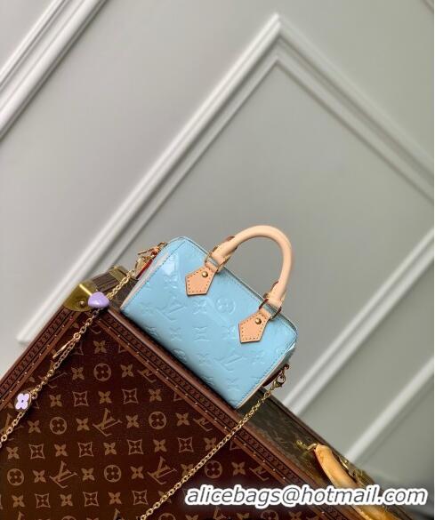 Spot Bulk Louis Vuitton Nano Speedy Mini Bag in Monogram Vernis Leather M83000 Sky Blue 2024