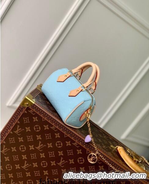 Spot Bulk Louis Vuitton Nano Speedy Mini Bag in Monogram Vernis Leather M83000 Sky Blue 2024