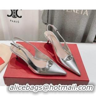 Best Price Valentino The Bold Edition VLogo Calfskin Slingback Pumps 6cm Silver 429175