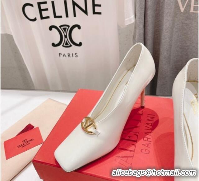 Hot Style Valentino The Bold Edition VLogo Square Pumps 9.5cm in Patent Calfskin White 429178