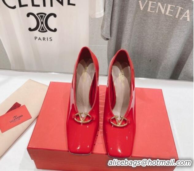 Sumptuous Valentino The Bold Edition VLogo Square Pumps 9.5cm in Patent Calfskin Red 429179