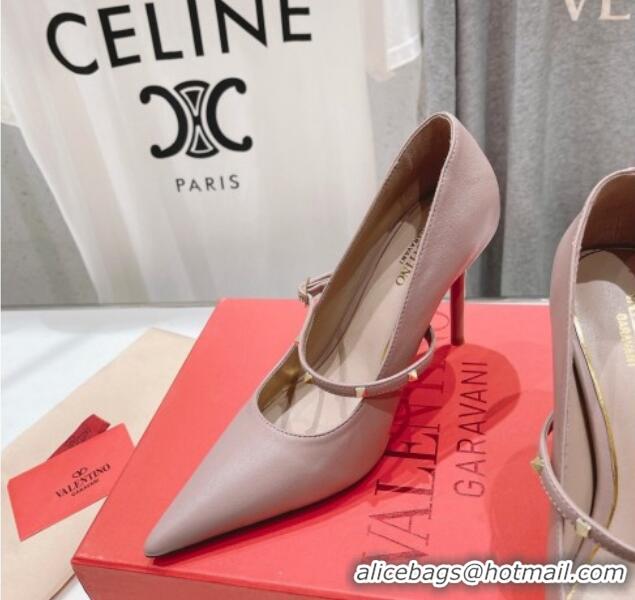 Unique Style Valentino Rockstud Wispy Mary Janes Pumps 9.5cm in Calfskin Dusty Pink 429189