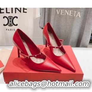 Luxurious Valentino Rockstud Wispy Mary Janes Pumps 9.5cm in Calfskin Red 429190