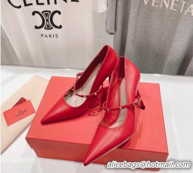 Luxurious Valentino Rockstud Wispy Mary Janes Pumps 9.5cm in Calfskin Red 429190