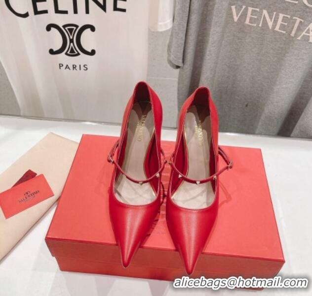 Luxurious Valentino Rockstud Wispy Mary Janes Pumps 9.5cm in Calfskin Red 429190