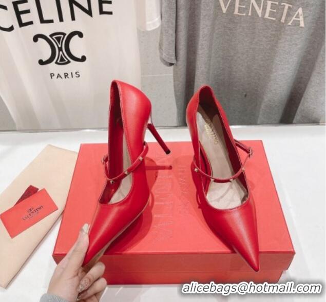 Luxurious Valentino Rockstud Wispy Mary Janes Pumps 9.5cm in Calfskin Red 429190