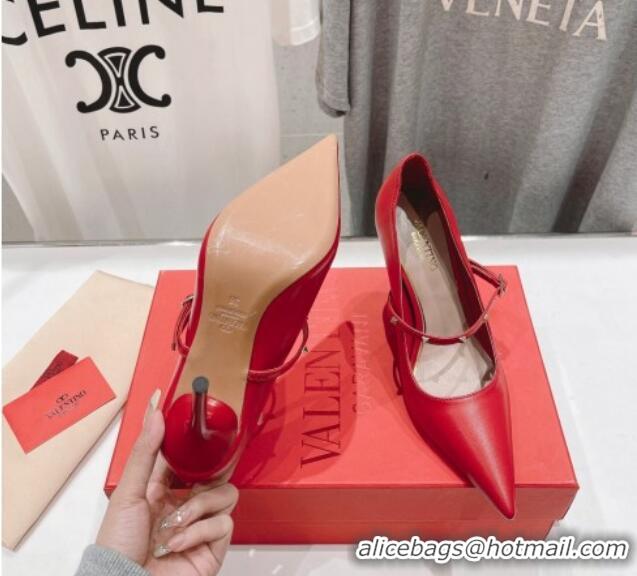 Luxurious Valentino Rockstud Wispy Mary Janes Pumps 9.5cm in Calfskin Red 429190