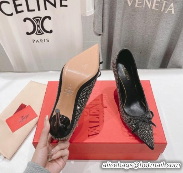 Popular Style Valentino Strass Allover Pumps 9.5cm with Bow Black 429192