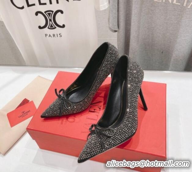 Popular Style Valentino Strass Allover Pumps 9.5cm with Bow Black 429192