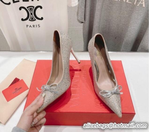 Best Product Valentino Strass Allover Pumps 9.5cm with Bow Beige 429193