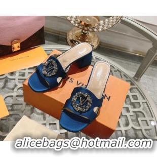 Best Grade Louis Vuitton LV Met Satin Heel Slide Sandals 5.5cm with Strass Blue 606088