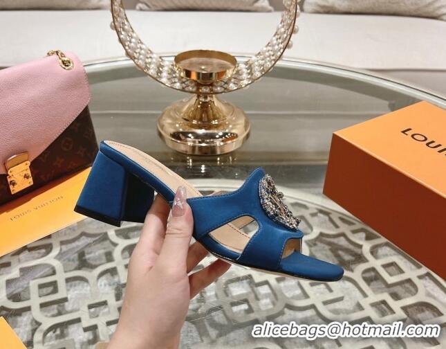 Best Grade Louis Vuitton LV Met Satin Heel Slide Sandals 5.5cm with Strass Blue 606088