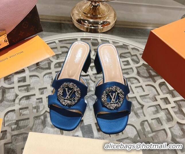 Best Grade Louis Vuitton LV Met Satin Heel Slide Sandals 5.5cm with Strass Blue 606088