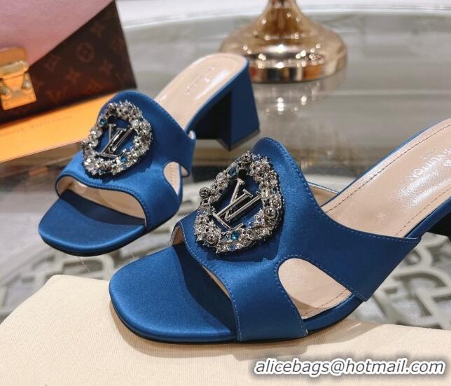 Best Grade Louis Vuitton LV Met Satin Heel Slide Sandals 5.5cm with Strass Blue 606088