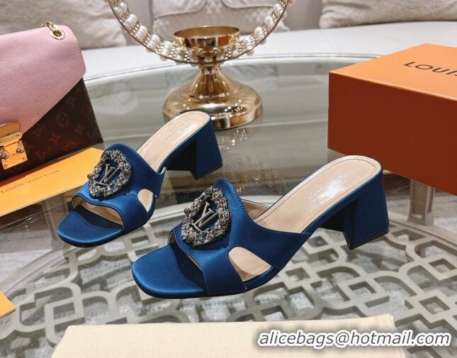 Best Grade Louis Vuitton LV Met Satin Heel Slide Sandals 5.5cm with Strass Blue 606088