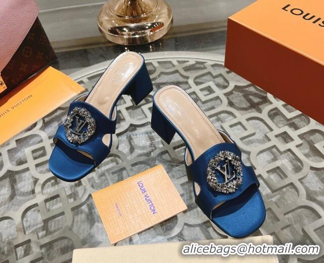 Best Grade Louis Vuitton LV Met Satin Heel Slide Sandals 5.5cm with Strass Blue 606088