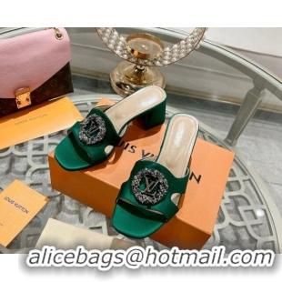 Best Price Louis Vuitton LV Met Satin Heel Slide Sandals 5.5cm with Strass Green 606089