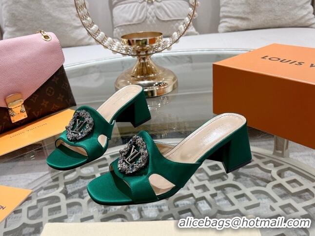 Best Price Louis Vuitton LV Met Satin Heel Slide Sandals 5.5cm with Strass Green 606089