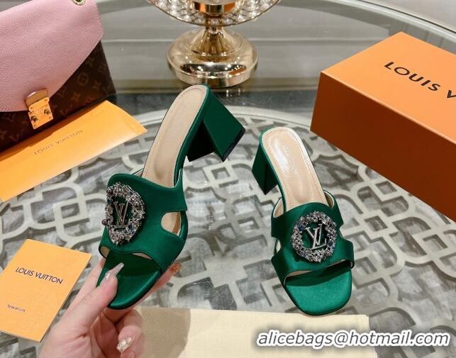 Best Price Louis Vuitton LV Met Satin Heel Slide Sandals 5.5cm with Strass Green 606089