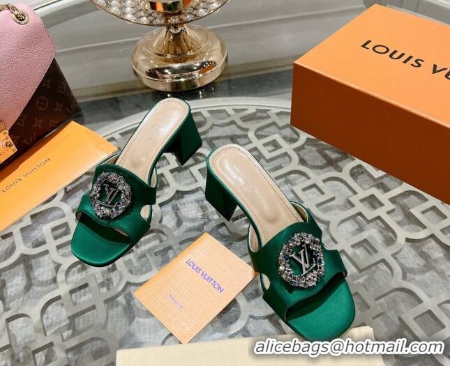 Best Price Louis Vuitton LV Met Satin Heel Slide Sandals 5.5cm with Strass Green 606089