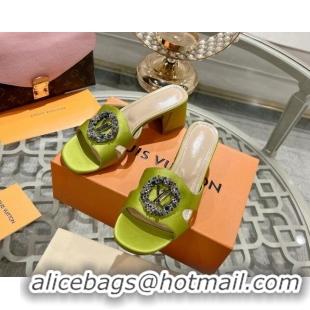 Sumptuous Louis Vuitton LV Met Satin Heel Slide Sandals 5.5cm with Strass Lime 06090