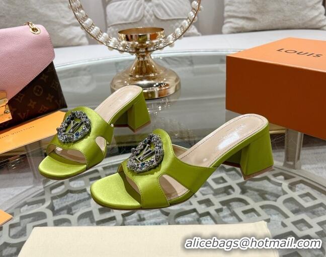 Sumptuous Louis Vuitton LV Met Satin Heel Slide Sandals 5.5cm with Strass Lime 06090