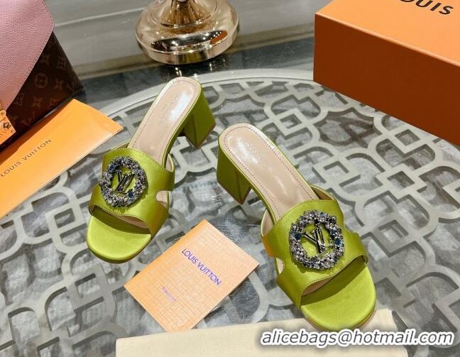 Sumptuous Louis Vuitton LV Met Satin Heel Slide Sandals 5.5cm with Strass Lime 06090